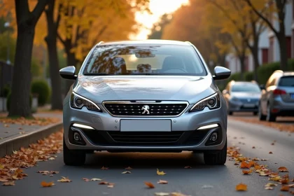 Peugeot 308 boîte automatique vue de trois quarts avant garée dans une rue résidentielle en automne
