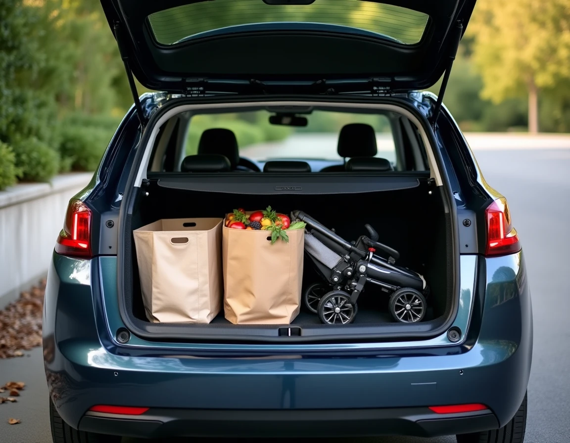 Coffre ouvert de la Peugeot 308 chargé de sacs de courses et d'une poussette pliée dans un parking résidentiel