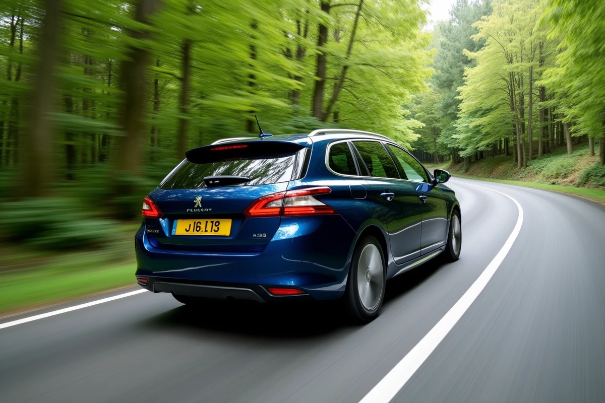 Peugeot 308 automatique en mouvement sur une route de campagne avec effet de filé