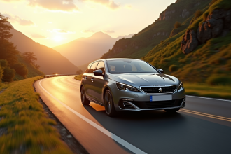 Peugeot 308 GT Line automatique en montagne au lever du soleil