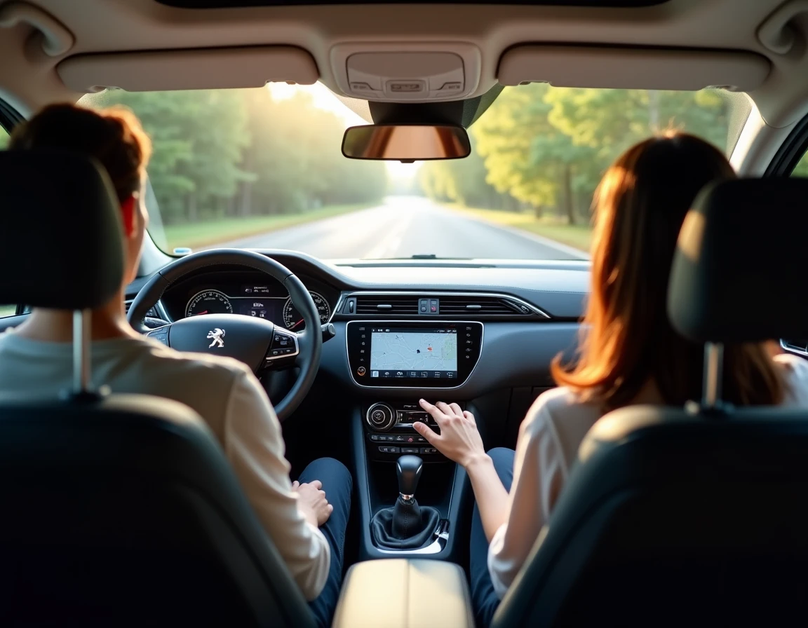 Intérieur avant de la Peugeot 308 avec une conductrice utilisant les rangements du console centrale et du tableau de bord