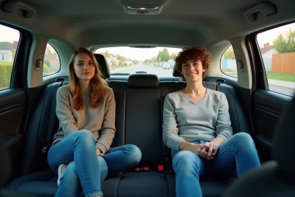 Intérieur arrière de la Peugeot 308 avec deux passagers adultes assis confortablement sur la banquette en tissu