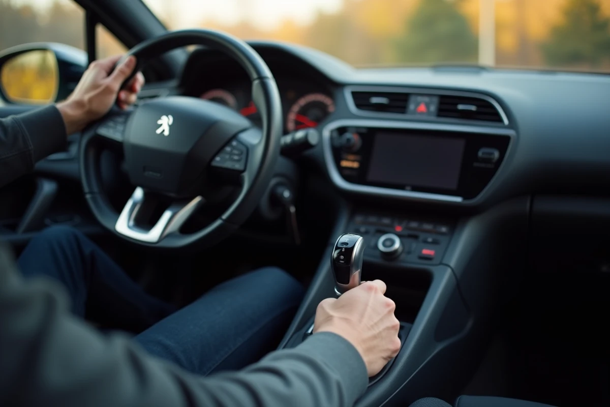 Intérieur Peugeot 308 avec sélecteur de boîte automatique et cockpit numérique