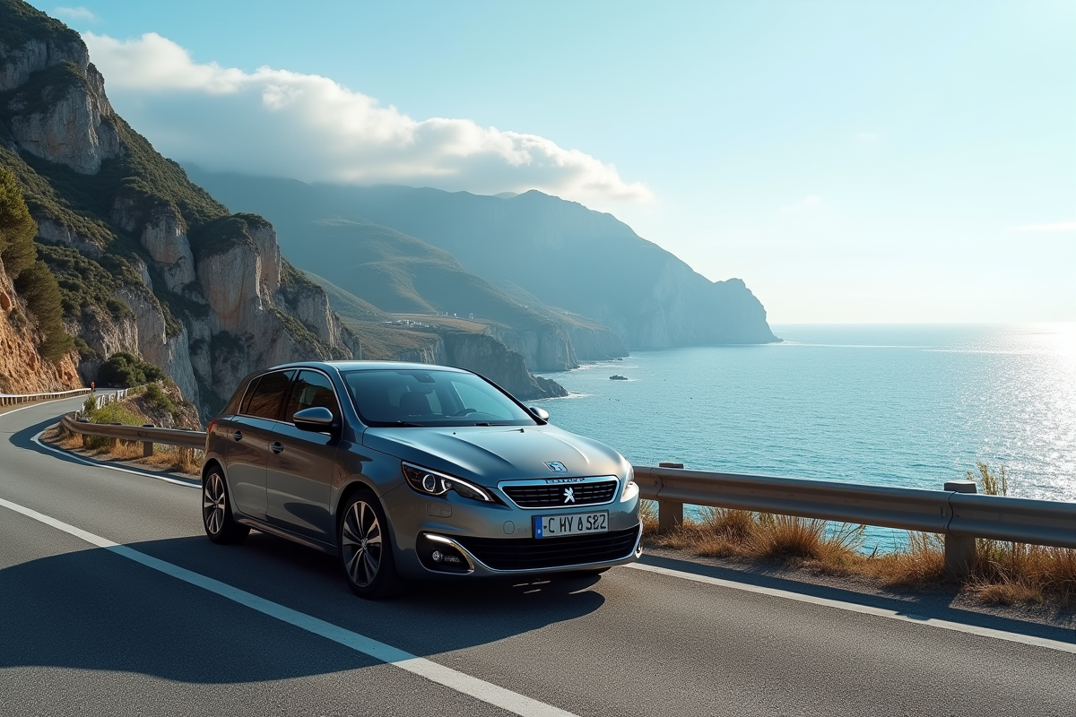 Peugeot 308 GT Line garée sur une route côtière en bord de mer