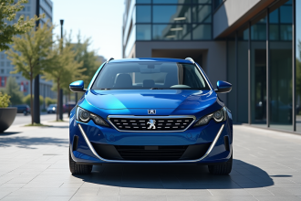 Peugeot 408 bleue brillante en ville en journée