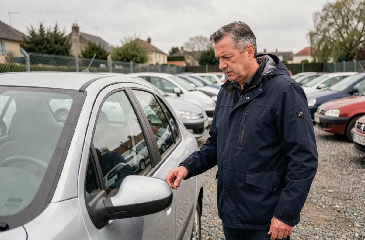 Homme inspectant une Peugeot d'occasion dans un lot de voitures de seconde main