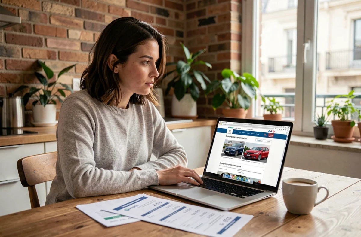 Femme comparant les prix d'un BPGA Peugeot reconditionné sur un site en ligne depuis chez elle