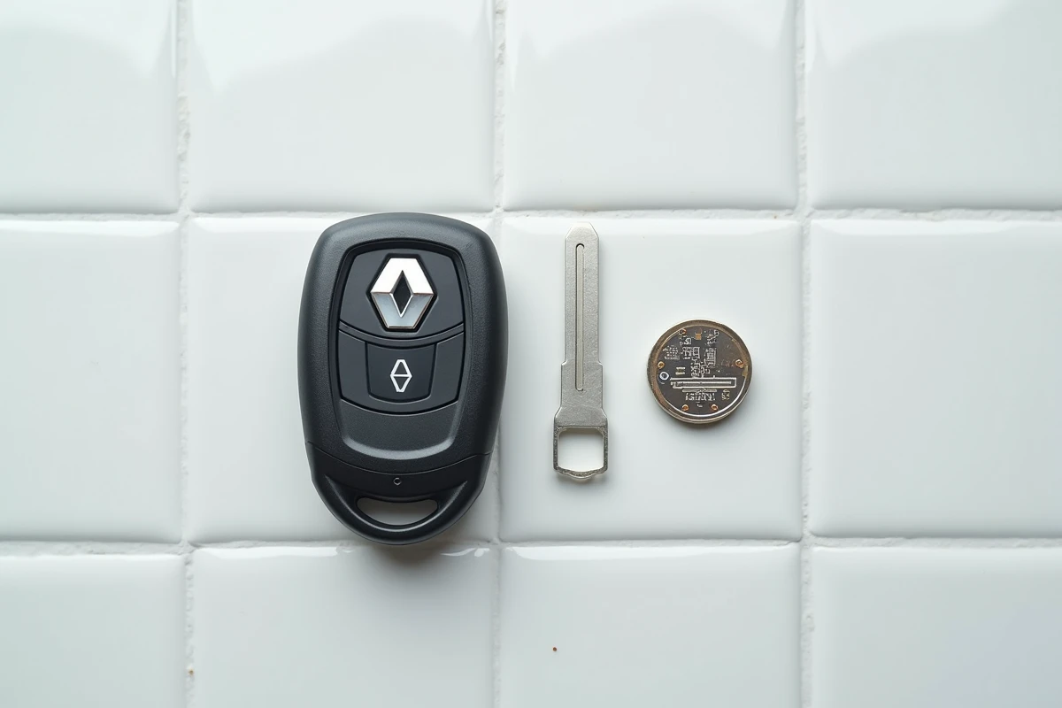 Pile CR2032 et composants démontés d'une clé télécommande Renault Clio 4 posés à plat sur carrelage blanc