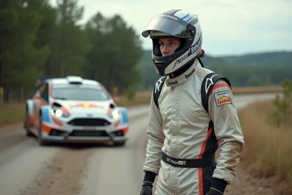 Jeune pilote en combinaison rallye près d'une voiture en campagne