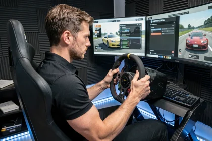 Pilote de simulation sur cockpit racing avec volant direct-drive et réglages FFB Assetto Corsa sur écran triple