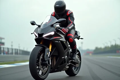 Pilote moto en combinaison racing sur une superbike haute performance dans un circuit fermé, vue trois quarts basse