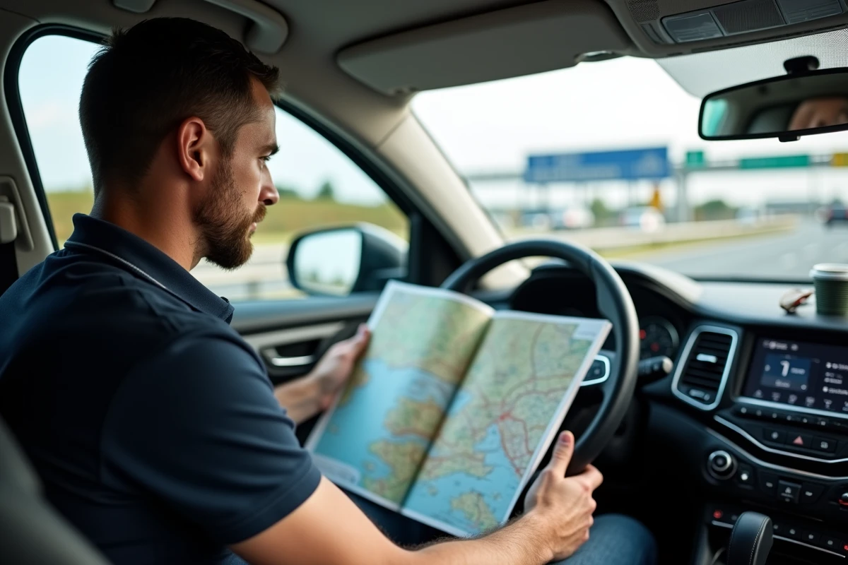 Homme planifiant son itinéraire sur une carte d'autoroutes françaises assis dans son SUV près d'un péage