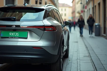 Voiture électrique avec plaque verte immatriculée garée dans une rue urbaine européenne