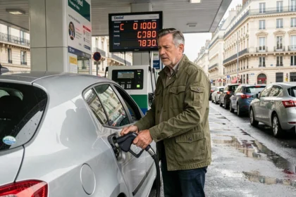 Homme faisant le plein de gasoil dans une station-service parisienne avec affichage des prix diesel visible