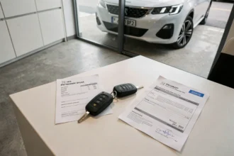Clé et documents de prix d'un BPGA Peugeot neuf sur un bureau de concession automobile