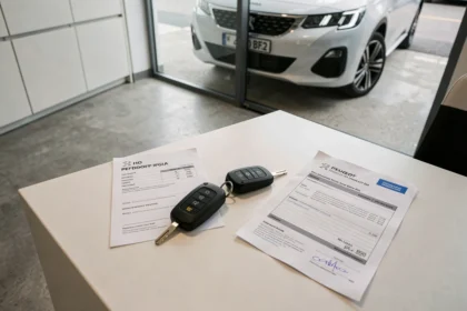 Clé et documents de prix d'un BPGA Peugeot neuf sur un bureau de concession automobile