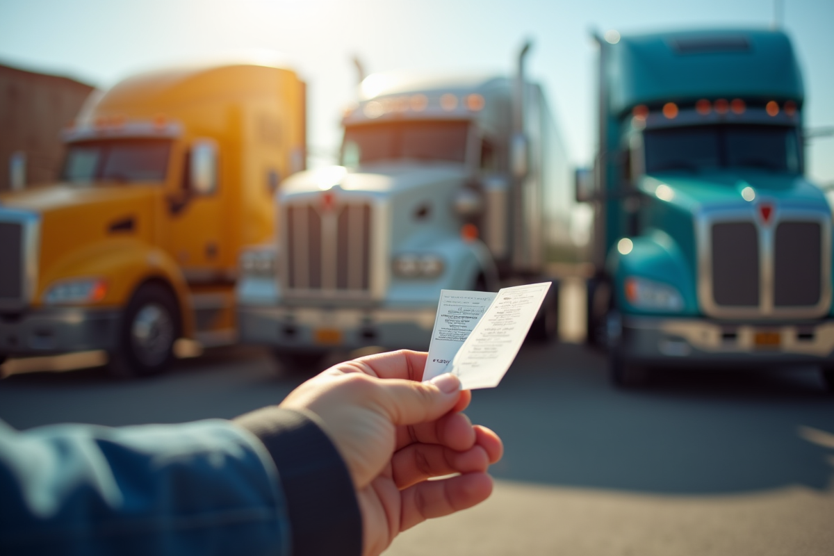 Main tenant des étiquettes de prix devant des camions lourds