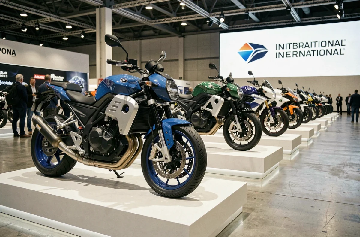 Rangée de motos électriques exposées dans le hall du salon moto EICMA Milan 2026 avec différents styles et designs