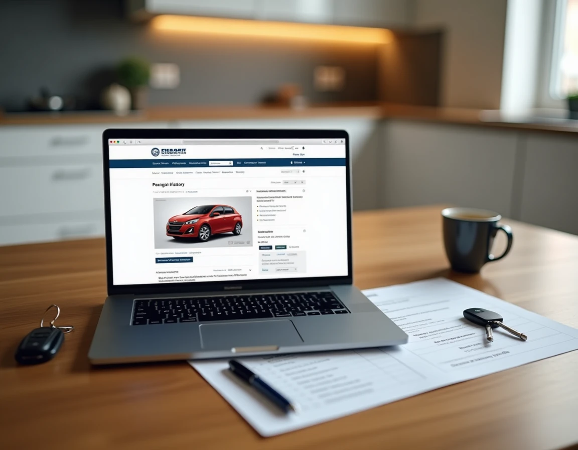 Ordinateur portable affichant une fiche d'information sur une Peugeot 208 d'occasion avec checklist d'achat posée sur une table en bois