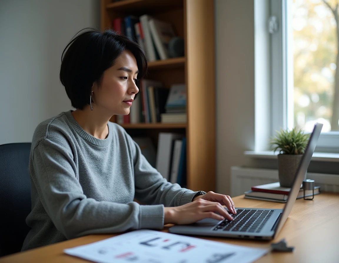 Femme recherchant des pièces détachées Erka pour remorque sur un site spécialisé depuis son bureau à domicile