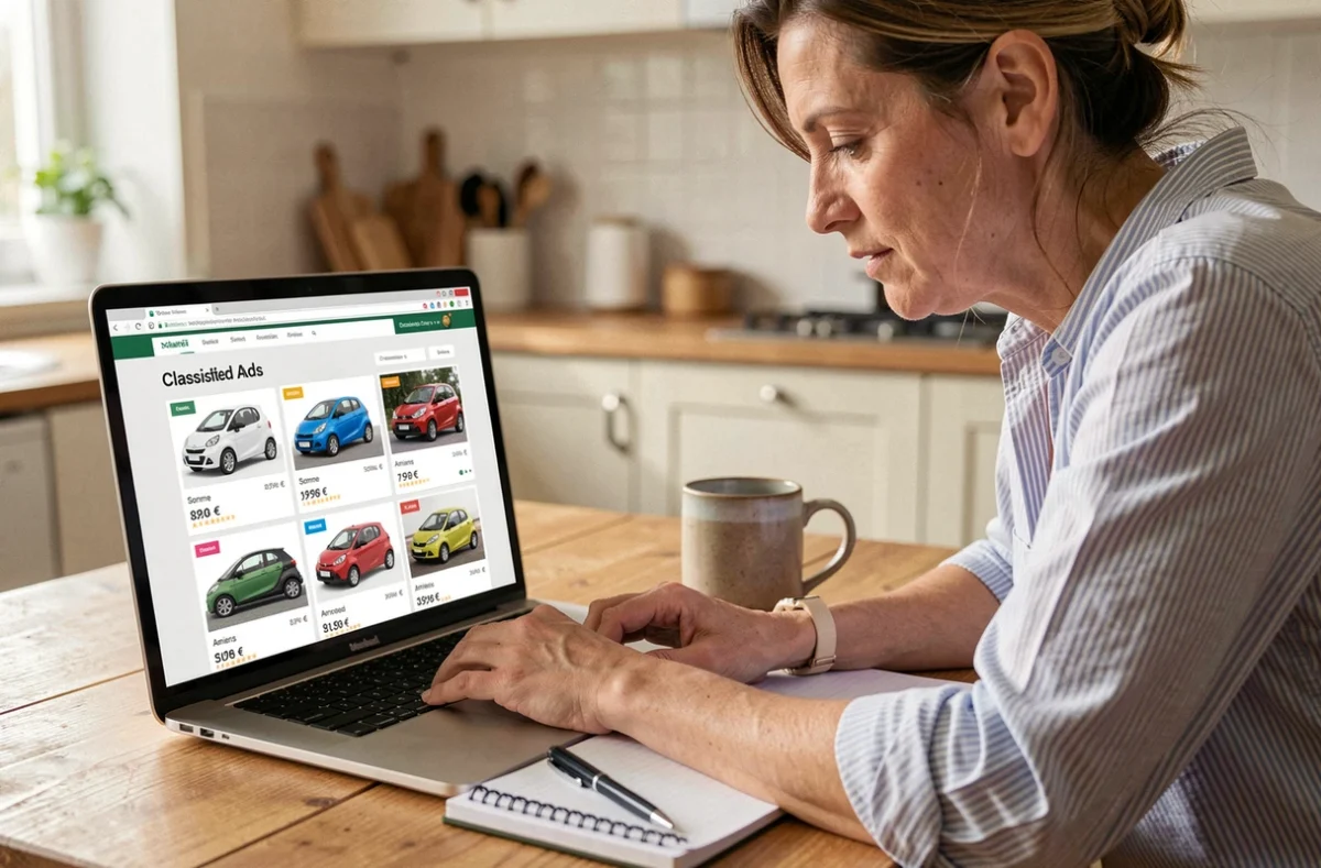 Femme recherchant une voiture sans permis d'occasion en ligne sur un site d'annonces dans la Somme