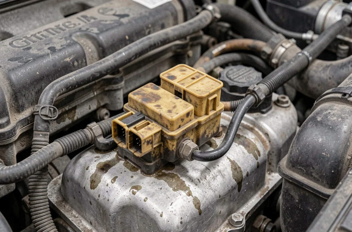 Gros plan sur le relais de préchauffage et le faisceau électrique du moteur Peugeot 1.6 HDI