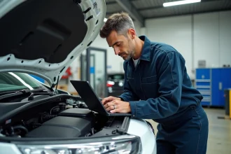 Technicien automobile connectant un outil de reprogrammation moteur sur une Citroën C3 Aircross dans un garage professionnel