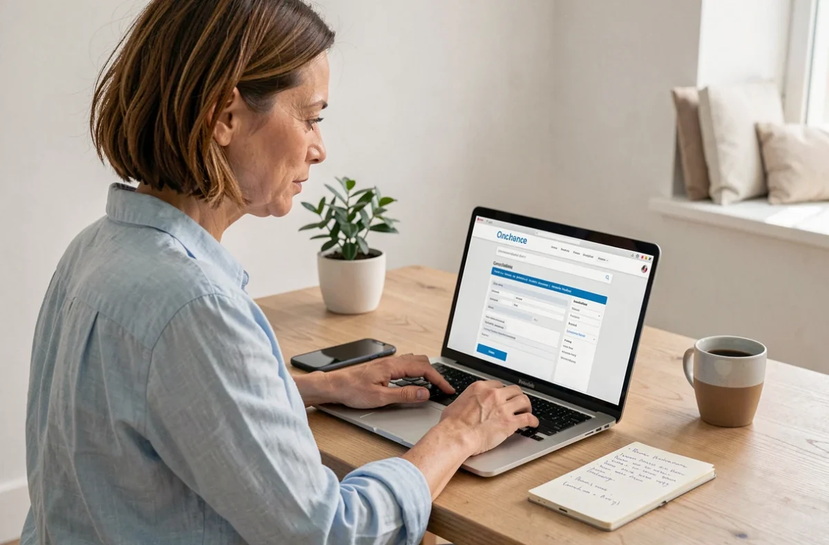 Femme effectuant une résiliation d'assurance moto en ligne sur ordinateur portable depuis son bureau à domicile