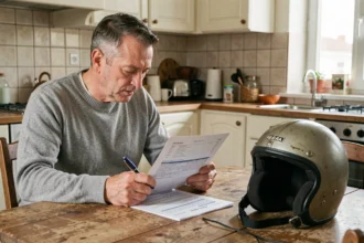 Homme consultant un contrat d'assurance moto à une table de cuisine, stylo en main, casque posé à côté