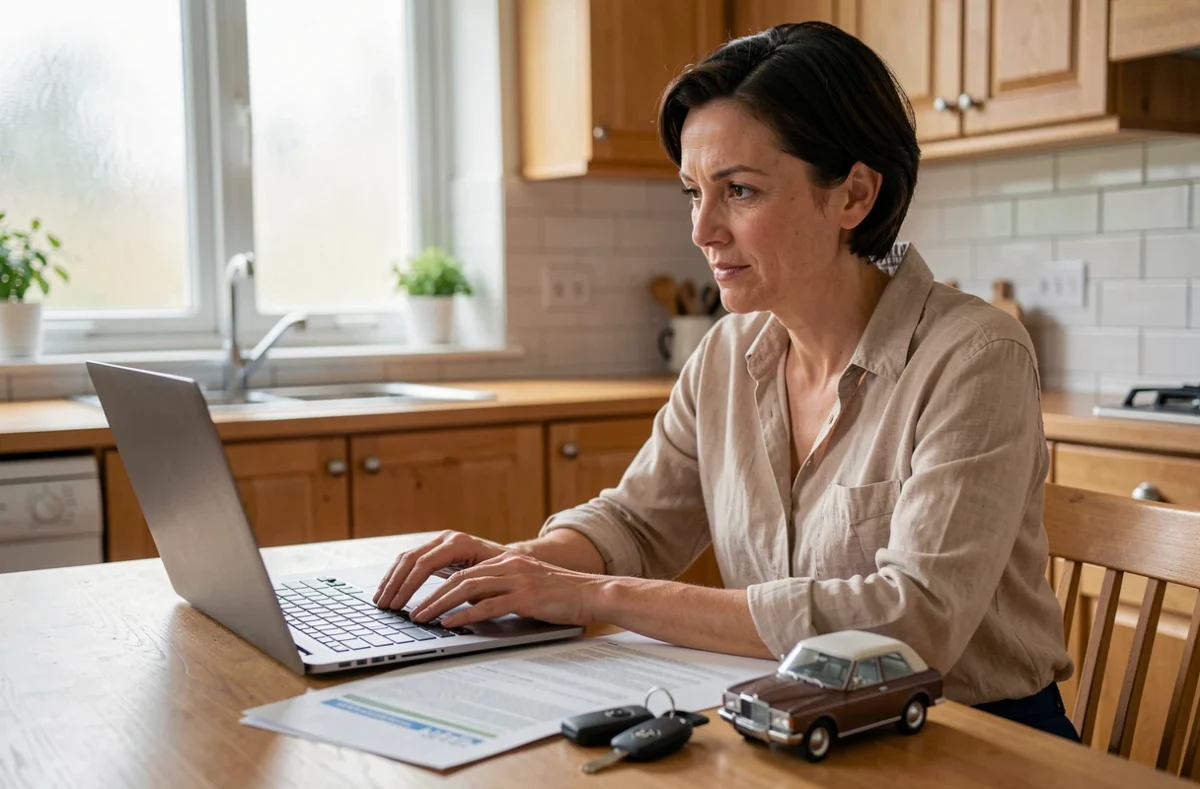 Femme consultant des documents d'assurance auto sur un ordinateur portable à une table de cuisine