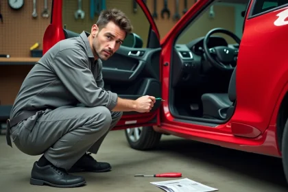 Mécanicien amateur démontant manuellement l'anti-démarrage d'une Renault Clio 2 dans un garage domestique