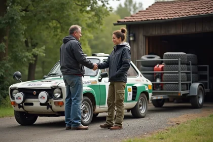 Homme et femme devant une voiture de rallye avec remorque