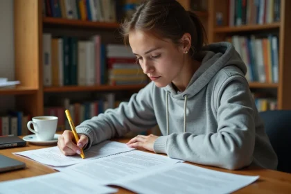 Jeune femme révisant le code de la route avec des fiches PDF imprimées et des notes manuscrites sur un bureau en bois