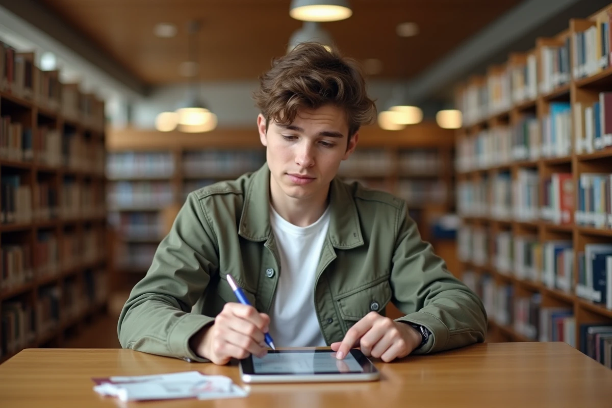 Adolescent révisant les questions du permis de conduire sur une tablette avec des fiches plastifiées dans une bibliothèque publique