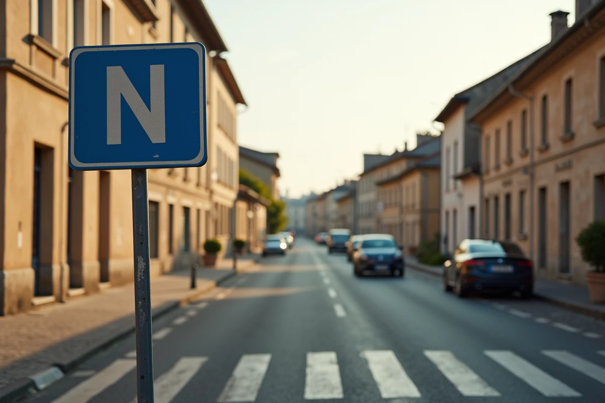 Route nationale française traversant une ville de province avec panneaux de signalisation bleus et blancs