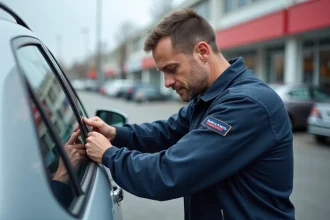 Serrurier automobile professionnel ouvrant une voiture sans clé avec un outil slim jim dans un parking