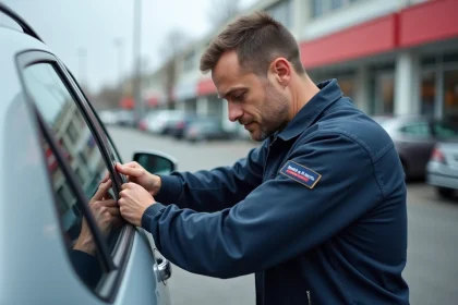 Serrurier automobile professionnel ouvrant une voiture sans clé avec un outil slim jim dans un parking