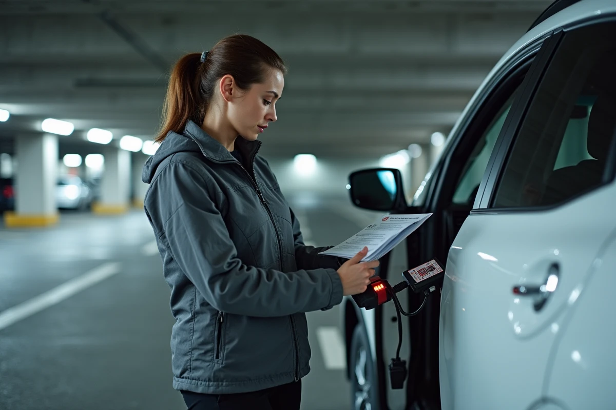Serrurier automobile féminine utilisant un outil de diagnostic pour ouvrir un SUV dans un parking souterrain