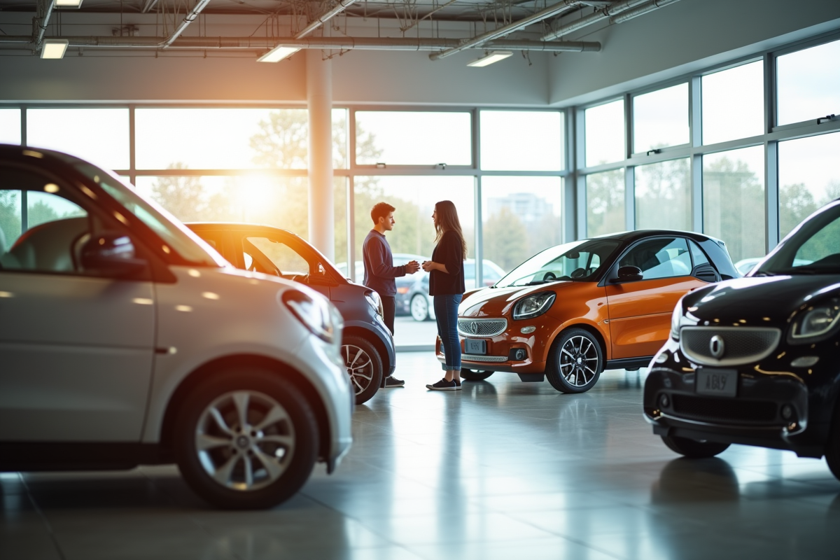 Jeune adolescent et parent discutant avec un vendeur dans un showroom de microcars