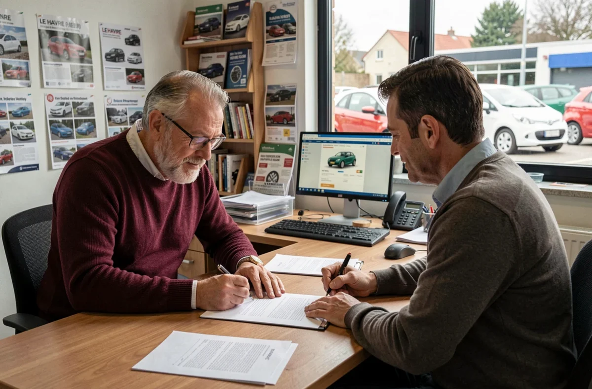 Acheteur signant un contrat pour une voiture sans permis d'occasion chez un concessionnaire au Havre