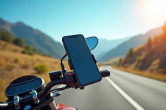 Smartphone monté sur moto en montagne en plein jour