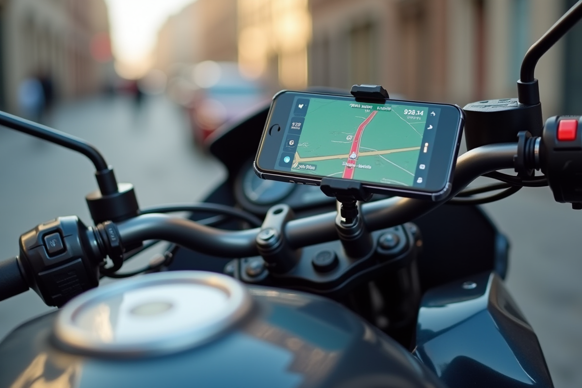 Support téléphone fixé sur moto sportive en ville