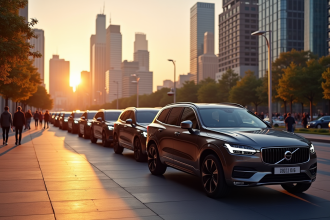 Ligne de SUV populaires en ville au coucher de soleil