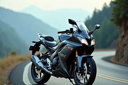 Suzuki GSX-S 125 garée sur une route de montagne, vue 3/4 avant mettant en valeur le design sportif et les lignes agressives de la carrosserie