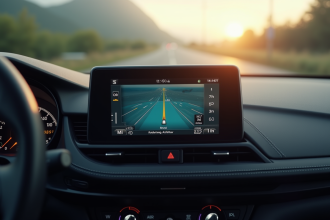 Tableau de bord de voiture avec GPS affichant miles en km en journée