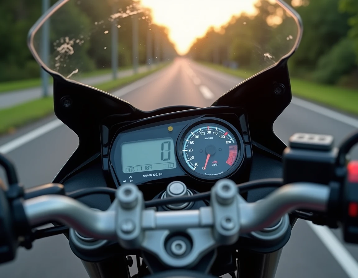 Tableau de bord numérique de la Suzuki GSX-S 125 en gros plan, compteur de vitesse affichant la vitesse maximale et compte-tours en zone rouge