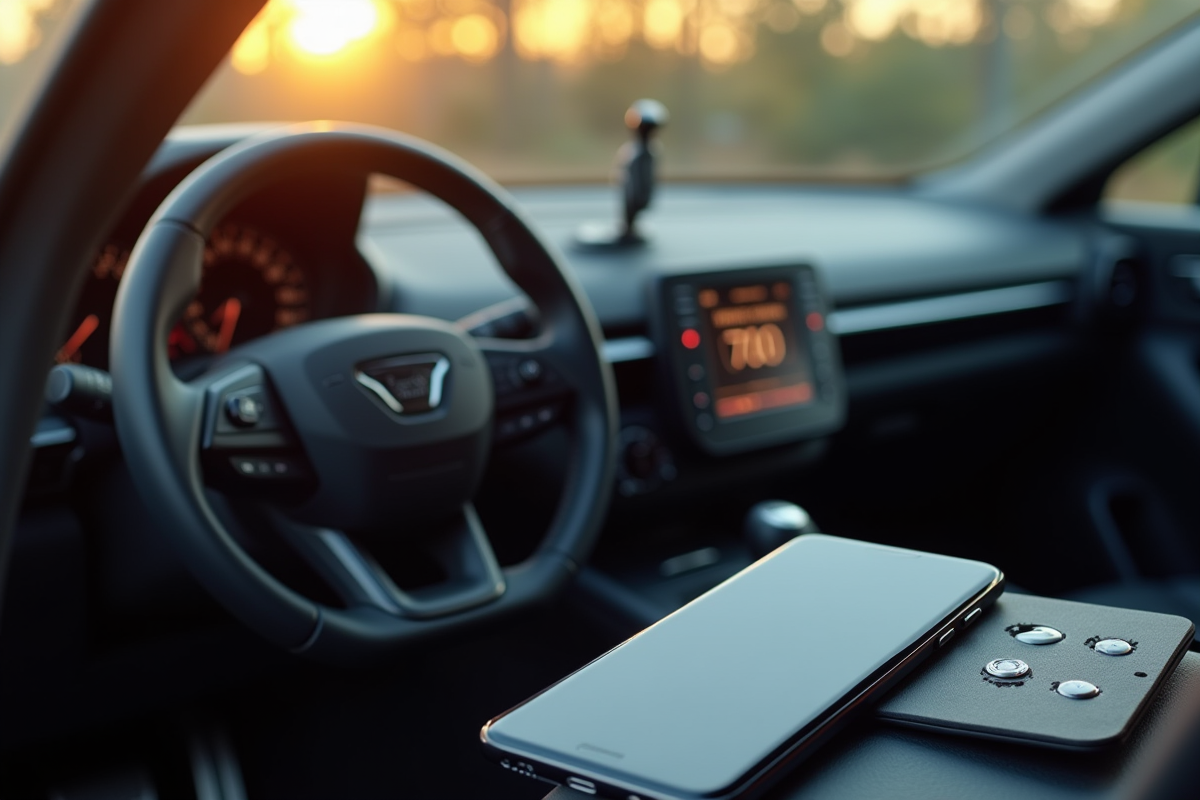 Tableau de bord de voiture avec clés et smartphone en lumière naturelle