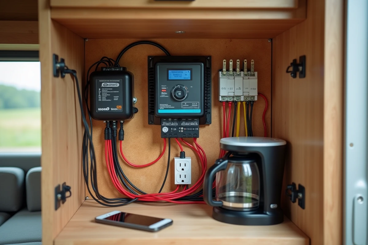 Tableau électrique de camping-car avec convertisseur 12V 220V, contrôleur solaire et câblage organisé