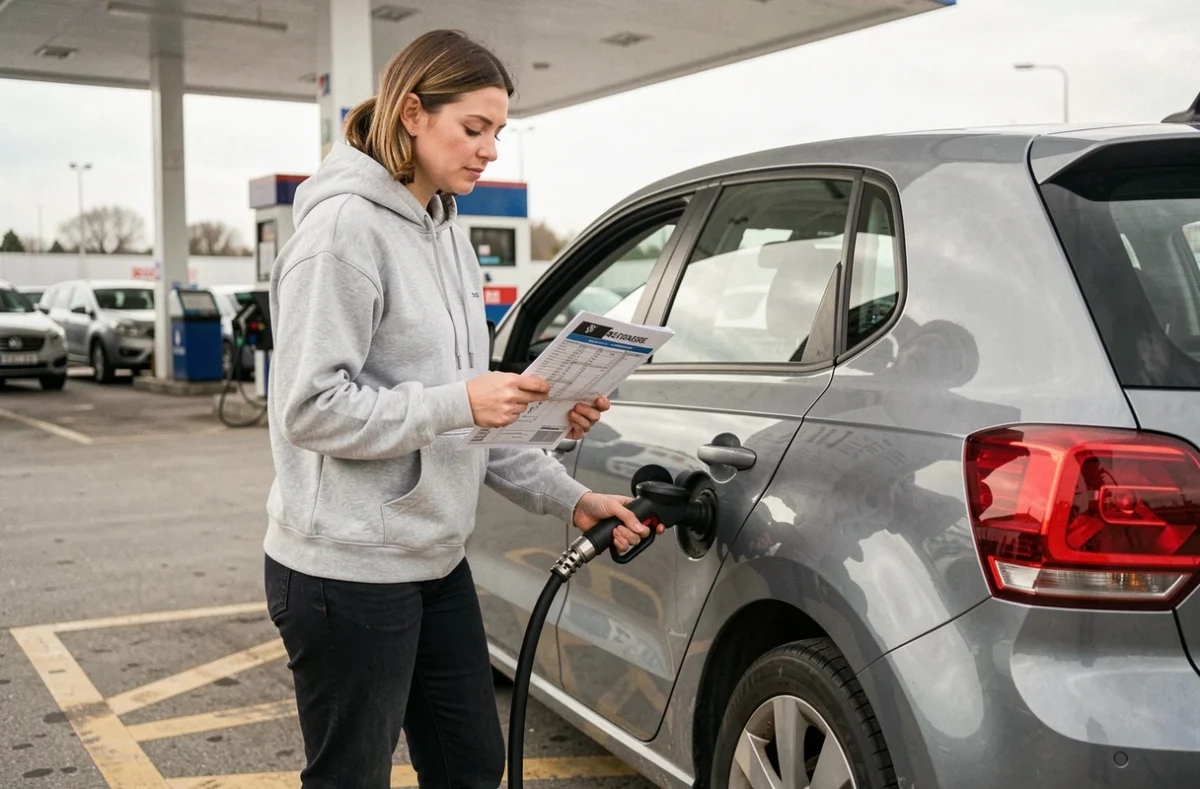 Femme consultant un tableau de pression des pneus imprimé lors du gonflage d'un pneu de Volkswagen Polo à la station-service