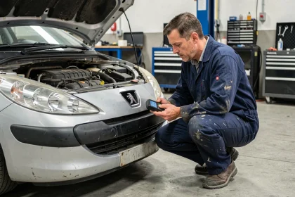 Technicien automobile diagnostiquant une panne sur un moteur Peugeot 1.6 HDI en atelier mécanique